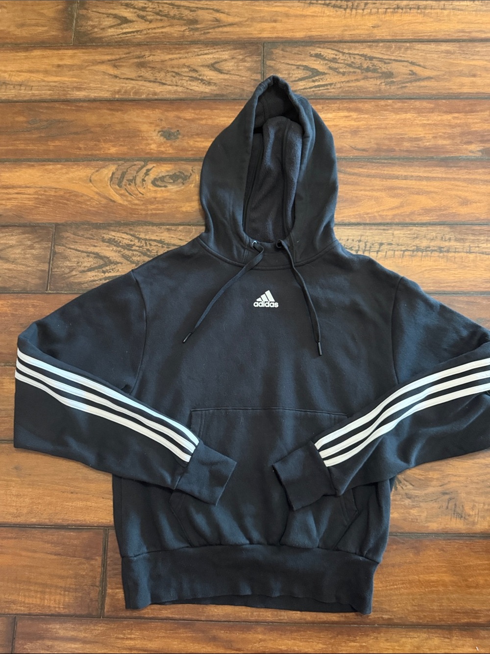 adidas Black Pullover Hoodie with White Three-Stripe Sleeves